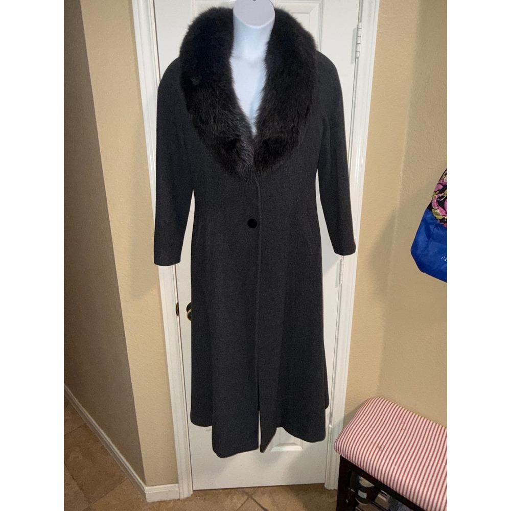 Marvin Richards Charcoal Gray 100% Lambswool Long Coat Faux Fur Collar Womens 6